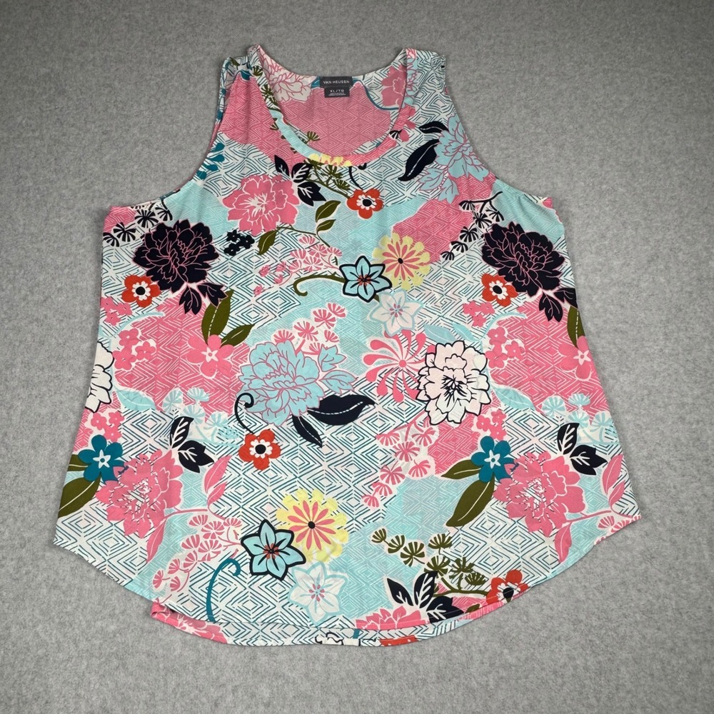 Van Heusen Womens XL Floral Geometric Sleeveless Tank Top Pink Blue Scoop Neck